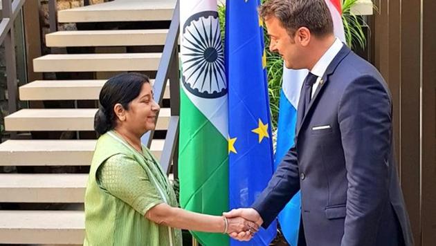 External Affairs Minister Sushma Swaraj meets Prime Minister of Luxembourg Xavier Bettel on Wednesday, June 20, 2018. (MEA/Twitter) External Affairs Minister Sushma Swaraj meets Prime Minister of Luxembourg Xavier Bettel on Wednesday, June 20, 2018. (MEA/Twitter)