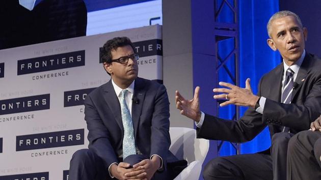 Dr Atul Gawande listens as then US president Barack Obama speaks during a panel discussion at the White House Frontiers Conference at Carnegie Mellon University in Pittsburgh in October 2016. (AP) Dr Atul Gawande listens as then US president Barack Obama speaks during a panel discussion at the White House Frontiers Conference at Carnegie Mellon University in Pittsburgh in October 2016. (AP)