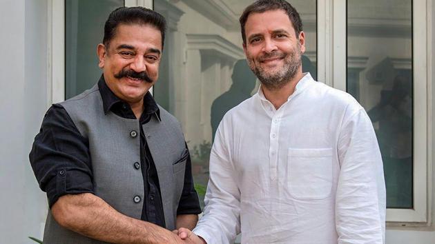 Congress President Rahul Gandhi and actor-turned politician Kamal Haasan shake hands during a meeting in New Delhi on Wednesday, June 20, 2018. (PTI) Congress President Rahul Gandhi and actor-turned politician Kamal Haasan shake hands during a meeting in New Delhi on Wednesday, June 20, 2018. (PTI)