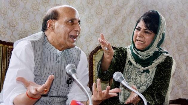 In this file photo dated August 26, 2016, Union home minister Rajnath Singh and Jammu and Kashmir chief minister Mehbooba Mufti at a press conference in Srinagar. The BJP on June 19, 2018, pulled out of the alliance with the People's Democratic Party (PTI) In this file photo dated August 26, 2016, Union home minister Rajnath Singh and Jammu and Kashmir chief minister Mehbooba Mufti at a press conference in Srinagar. The BJP on June 19, 2018, pulled out of the alliance with the People's Democratic Party (PTI)