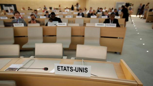 Empty seats of the United States delegation are pictured one day after the US announced their withdraw during a session of the Human Rights Council at the United Nations in Geneva, Switzerland. (Reuters Photo) Empty seats of the United States delegation are pictured one day after the US announced their withdraw during a session of the Human Rights Council at the United Nations in Geneva, Switzerland. (Reuters Photo)