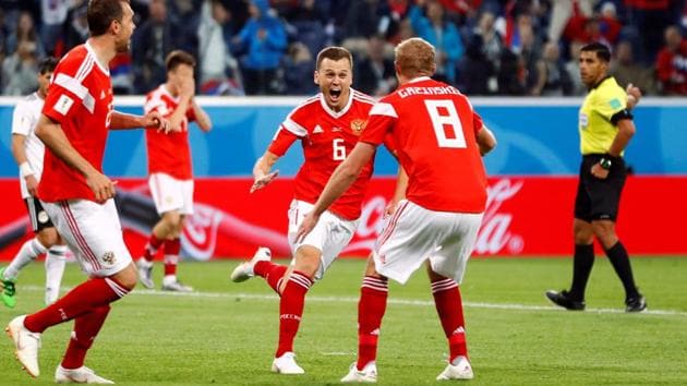 Russia's Denis Cheryshev celebrates scoring their second goal with team mates. Get highlights of Russia vs Egypt, FIFA World Cup 2018 Group A game, here.(REUTERS)