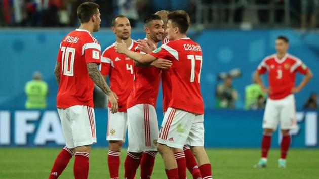 Russia players celebrate after the FIFA World Cup 2018 Group A match vs Egypt at the Saint Petersburg Stadium, Saint Petersburg, Russia on June 19, 2018.(REUTERS)