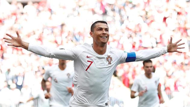 Cristiano Ronaldo celebrates after scoring a goal during Portugal’s FIFA World Cup match against Morocco in Moscow on Wednesday.(REUTERS) Cristiano Ronaldo celebrates after scoring a goal during Portugal’s FIFA World Cup match against Morocco in Moscow on Wednesday.(REUTERS)