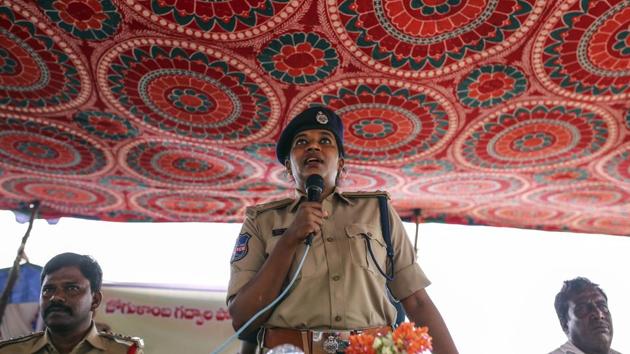 Rema Rajeshwari, addresses villagers on fake news awareness. She ordered training sessions for more than 500 officers. “We had to educate our officers first, before sending them out into the community to educate the people.” (Dhiraj Singh / Bloomberg)