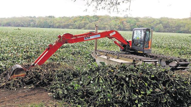 Earthmoving equipment stationed near the Katraj lake at the Rajiv Gandhi Zoological Park and Research Centre. (Rahul Raut/HT PHOTO) Earthmoving equipment stationed near the Katraj lake at the Rajiv Gandhi Zoological Park and Research Centre. (Rahul Raut/HT PHOTO)