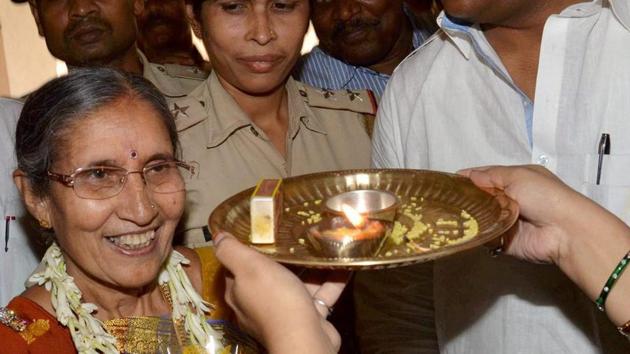 Prime Minister Narendra Modi’s wife Jashodaben on Wednesday expressed her shock over Madhya Pradesh governor Anandiben Patel’s statement in a leading Gujarati daily that Modi was unmarried. Jashodaben said that Modi himself mentioned in his declaration while filing papers for Lok Sabha elections in 2004 that he is married and mentioned her name in it. (PTI File)