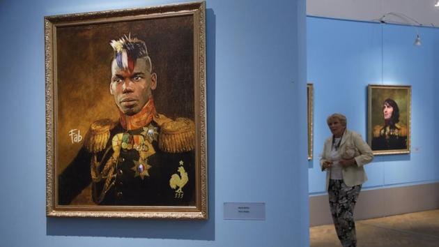 Paul Pogba as part of the "Like the Gods..." project that presents a series of the world football stars' and coaches' portraits in historic images. (AP)