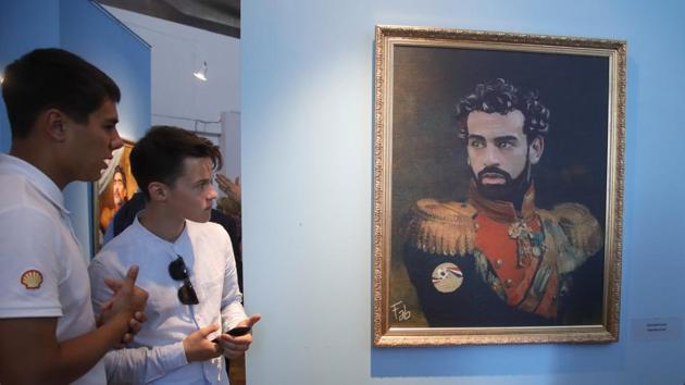 Mohamed Salah depicted in a portrait made by the Italian artist Fabrizio Birimbelli. (AP)