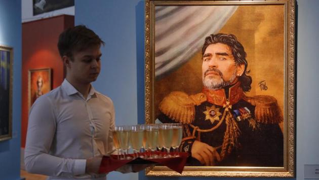 The exhibition also contained portraits of football legends like Diego Maradona (in picture). (AP)