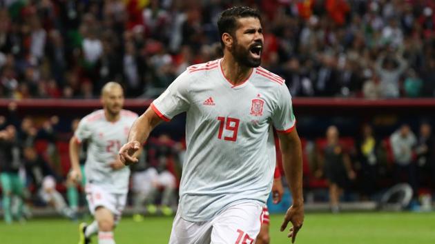 Spain's Diego Costa celebrates scoring a goal in a FIFA World Cup Group B game vs Iran at the Kazan Arena on Wednesday.(Reuters)