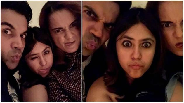 Rajkummar Rao, Ekta Kapoor and Kangana Ranaut are goofing around in London while shooting for Mental Hai Kya. (Instagram) Rajkummar Rao, Ekta Kapoor and Kangana Ranaut are goofing around in London while shooting for Mental Hai Kya. (Instagram)