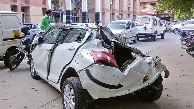 The boy, who was behind the wheel, suffered severe injuries to his head and has been referred to a hospital in Gurugram.(HT Photo)