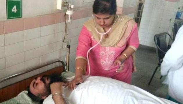 Rupnagar MLA Amarjit Singh Sandoa at the Anandpur Sahib civil hospital on Thursday. He was later shifted to PGIMER. (HT Photo) Rupnagar MLA Amarjit Singh Sandoa at the Anandpur Sahib civil hospital on Thursday. He was later shifted to PGIMER. (HT Photo)