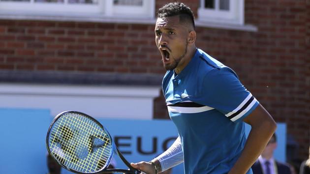 Nick Kyrgios of Australia celebrates winning his quarterfinal tennis match against Feliciano Lopez of Spain at the Queen's Club tennis tournament in London on June 22, 2018.(AP)