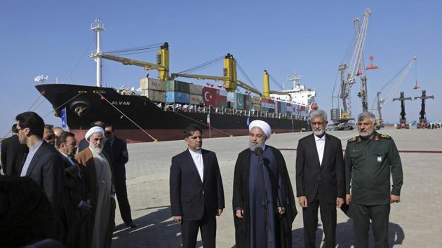 Iranian President Hassan Rouhani, center, speaks during the inauguration a newly built extension of the port of Chabahar, near the Pakistani border, on the Gulf of Oman, southeastern Iran.(AP File Photo)