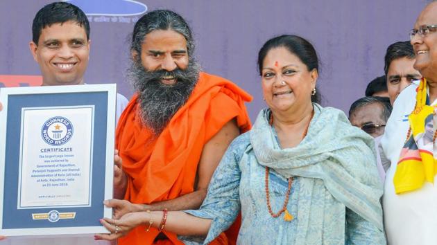 The Rajasthan government decided to drop plans to allot mandir mafi land (land that cannot be sold or leased or converted for commercial or agricultural purposes) which belonged to the Govind Devji Trust to Yoga guru Ramdev for his proposed Rs 500 crore food park in Karauli district. The mega project, comprises a food park, a gurukul, a yogapeeth, an Ayurvedic hospital, an Ayurvedic medicine manufacturing centre and a cow shelter. (PTI File)