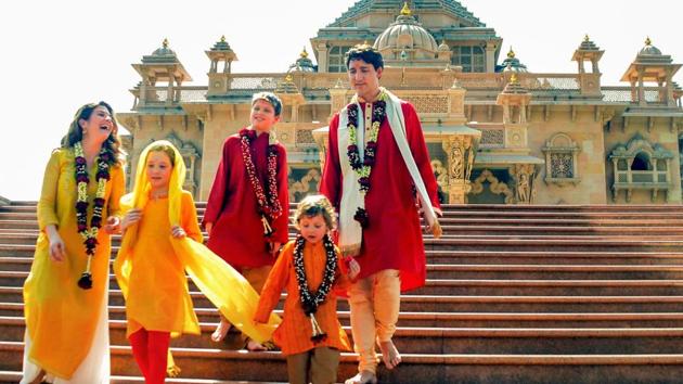 Canadian Prime Minister Justin Trudeau along with his family members visit Swaminarayan Akshardham Temple in Gandhinagar on February 19, 2018.(PTI File Photo)