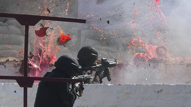 The elite National Security Guards, popularly known as ‘Black Cats’, are likely to be deployed soon in counter-militancy operations in Jammu and Kashmir which was placed under governor’s rule on Wednesday. An NSG team has been stationed in the Kashmir Valley for quite some time and is undergoing rigorous training in the outskirts of the city. (Raj K Raj / HT Archive)