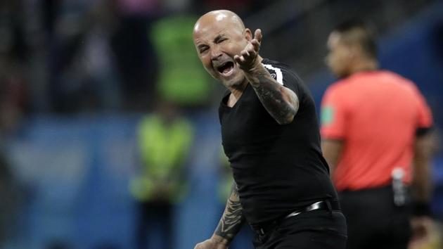 Argentina coach Jorge Sampaoli reacts during the group D match between Argentina and Croatia at the FIFA World Cup in Nizhny Novgorod Stadium in Nizhny Novgorod, Russia on June 21, 2018. Croatia won 3-0.(AP)