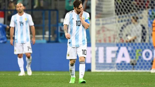 Argentina's forward Lionel Messi (C) reacts after Croatia scored their third goal during their FIFA World Cup 2018 Group D match.(AFP)