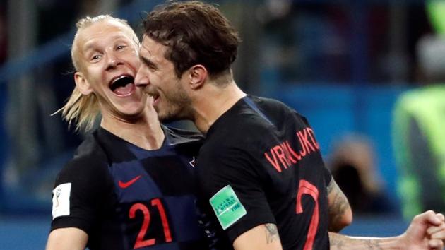 Croatia's Domagoj Vida and Sime Vrsaljko celebrate after their win over Argentina in the FIFA World Cup 2018.(REUTERS)