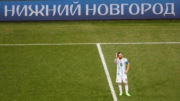 Argentina's Lionel Messi reacts after conceding their second goal scored by Croatia's Luka Modric during the Group D Argentina v Croatia match at the Nizhny Novogorod Stadium in Russia. (Carlos Barria / REUTERS)