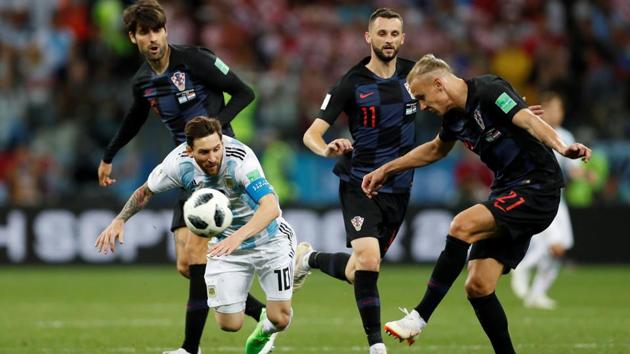 Argentina's Lionel Messi in action with Croatia's Domagoj Vida during the FIFA World Cup Group D game at Nizhny Novgorod Stadium on Thursday.(Reuters)