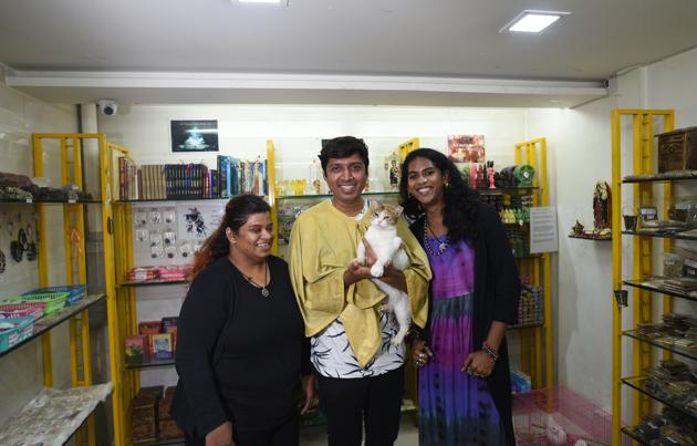 (left to right) Zoya Lobo, Angel Serrao and Sonal Bhonsale at The Wiccan shop in Mahim.(Satyabrata Tripathy/HT Photo)