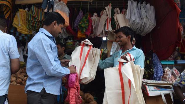 A man at a cloth bag shop in Thane.(Praful Gangurde)