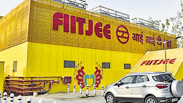 A general view of IIT Delhi metro station, displaying the name of FIITJEE coaching institute, in New Delhi.(Sanchit Khanna/HT File Photo)