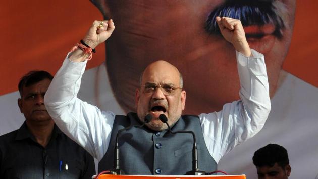 BJP president Amit Shah addresses a public rally at Prade Chowk, in Jammu, on June 23.(Nitin Kanotra / HT Photo)