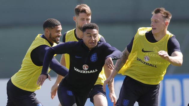 England's Ruben Loftus-Cheek (L), Gary Cahill (2L), Jesse Lingard (2R), and Phil Jones (R), attend England's official training in Zelenogorsk near St. Petersburg, Russia on June 23, 2018 on the eve of the group G match between Panama and England at the FIFA World Cup 2018. (AP) England's Ruben Loftus-Cheek (L), Gary Cahill (2L), Jesse Lingard (2R), and Phil Jones (R), attend England's official training in Zelenogorsk near St. Petersburg, Russia on June 23, 2018 on the eve of the group G match between Panama and England at the FIFA World Cup 2018. (AP)