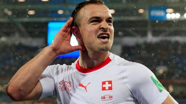 Switzerland's Xherdan Shaqiri celebrates during their FIFA World Cup 2018 match against Serbia.(REUTERS)