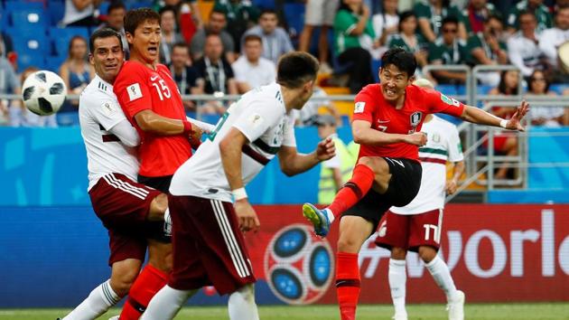 South Korea's Son Heung-min scores their first goal. (REUTERS)