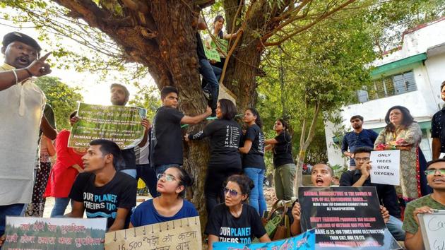 Activists from various environmental organisations display placards and hold a tree during a protest against cutting of trees in Nauroji Nagar area, in New Delhi on Sunday.(PTI Photo)