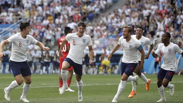 England's John Stones, second left, reacts after scoring his team's fourth goal during the group G match between England and Panama at the 2018 soccer World Cup. (AP) England's John Stones, second left, reacts after scoring his team's fourth goal during the group G match between England and Panama at the 2018 soccer World Cup. (AP)