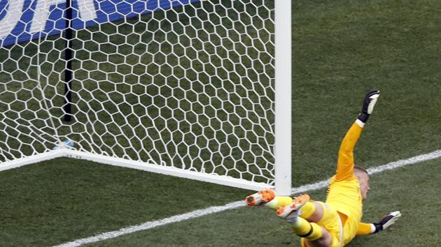 England goalkeeper Jordan Pickford dives as he fails to stop a goal from Panama's Felipe Baloy during the group G match between England and Panama. (AP) England goalkeeper Jordan Pickford dives as he fails to stop a goal from Panama's Felipe Baloy during the group G match between England and Panama. (AP)