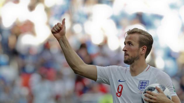 England's Harry Kane celebrates his team's 6-1 victory at the end of the group G match between England and Panama at the 2018 soccer World Cup.(AP)