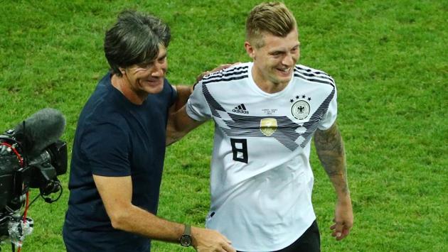 Germany coach Joachim Low and Toni Kroos celebrate after the match. (REUTERS)