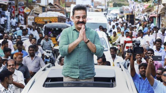 Actor Kamal Haasan, president of Makkal Needhi Maiam, during a rally in Panagudi town in Tirunelveli district of Tamil Nadu. (PTI) Actor Kamal Haasan, president of Makkal Needhi Maiam, during a rally in Panagudi town in Tirunelveli district of Tamil Nadu. (PTI)