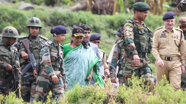 Defence minister Nirmala Sitharaman visited the Baltal base camp in Jammu and Kashmir to review security arrangements made for the annual Amarnath Yatra. She was briefed on the three-tier security arrangements made for the 36 km-long trek that begins on June 28. As many as 213 additional companies of paramilitary forces have been deployed to secure the route from Jammu to the two base camps of Baltal and Pahalgam. (PTI File) Defence minister Nirmala Sitharaman visited the Baltal base camp in Jammu and Kashmir to review security arrangements made for the annual Amarnath Yatra. She was briefed on the three-tier security arrangements made for the 36 km-long trek that begins on June 28. As many as 213 additional companies of paramilitary forces have been deployed to secure the route from Jammu to the two base camps of Baltal and Pahalgam. (PTI File)