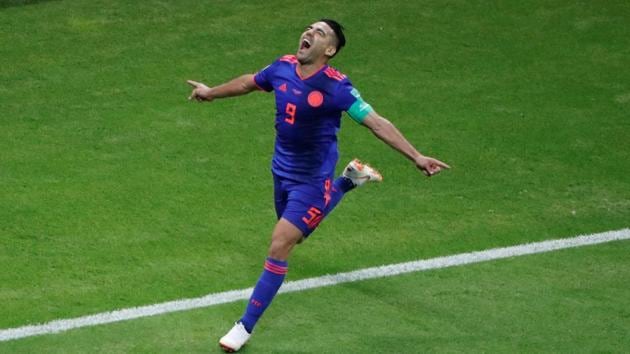 Radamel Falcao (in pic), Yerry Mina and Juan Cuadrado scored their maiden FIFA World Cup goals as Colombia boosted their last 16 hopes with a comprehensive 3-0 win over Poland.(REUTERS)