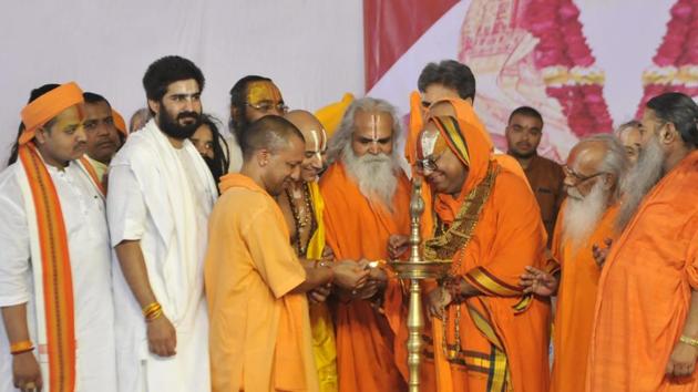 Chief minister of Uttar Pradesh Yogi Adityanath during the 80th birthday celebration of Mahant Nritya Gopal Das in Ayodhya, Uttar Pradesh, on Monday. (Deepak Gupta/HT Photo) Chief minister of Uttar Pradesh Yogi Adityanath during the 80th birthday celebration of Mahant Nritya Gopal Das in Ayodhya, Uttar Pradesh, on Monday. (Deepak Gupta/HT Photo)
