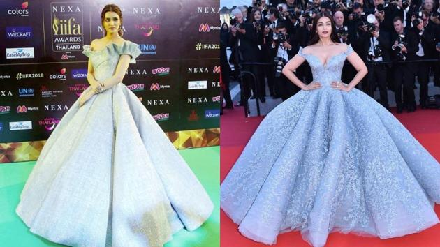 At IIFA 2018, Kriti Sanon’s silver ball gown from Mark Bumgarner was reminiscent of Aishwarya Rai’s Michael Cinco gown from Cannes Film Festival 2017.(Instagram)