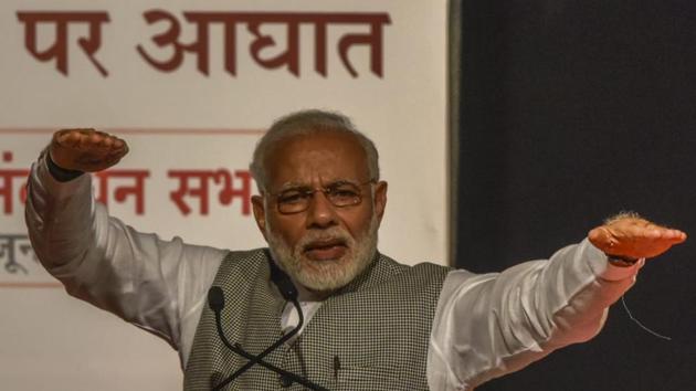Prime Minister Narendra Modi accused the Congress party of subverting the Constitution by saying that emergency was imposed 43 years ago on June 25 because of “lust for power and servility to one family” at an event organised by BJP at Mumbai’s Birla Matoshri auditorium. BJP has this week attacked late Congress leader Indira Gandhi, who imposed Emergency as Prime Minister, as the country moves towards Lok Sabha elections in 2019. (Kunal Patil / HT Photo) Prime Minister Narendra Modi accused the Congress party of subverting the Constitution by saying that emergency was imposed 43 years ago on June 25 because of “lust for power and servility to one family” at an event organised by BJP at Mumbai’s Birla Matoshri auditorium. BJP has this week attacked late Congress leader Indira Gandhi, who imposed Emergency as Prime Minister, as the country moves towards Lok Sabha elections in 2019. (Kunal Patil / HT Photo)