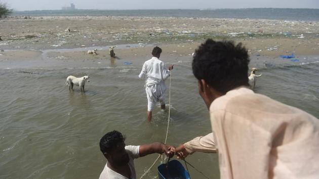 The boat, powered by an old jeep engine, stops when the water is still waist-high, two fishermen jumping from it to wade ashore the low, barren, waste-covered beach, whose only inhabitants are barking their welcome. (Rizwan Tabassum / AFP) The boat, powered by an old jeep engine, stops when the water is still waist-high, two fishermen jumping from it to wade ashore the low, barren, waste-covered beach, whose only inhabitants are barking their welcome. (Rizwan Tabassum / AFP)