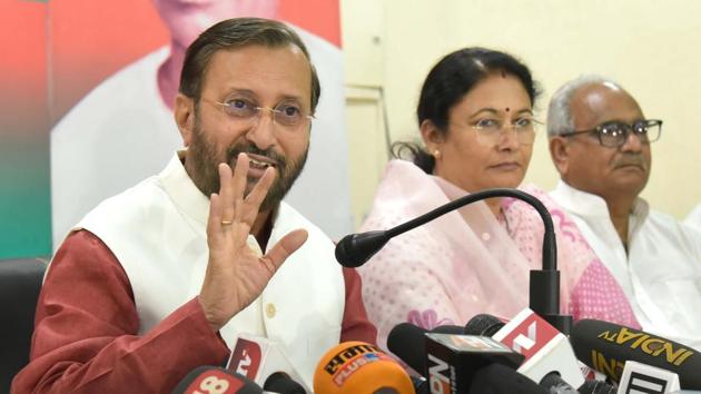 Union HRD minister Prakash Javadekar addresses a press conference at BJP office in Jaipur on Tuesday. (Prabhakar Sharma/HT) Union HRD minister Prakash Javadekar addresses a press conference at BJP office in Jaipur on Tuesday. (Prabhakar Sharma/HT)