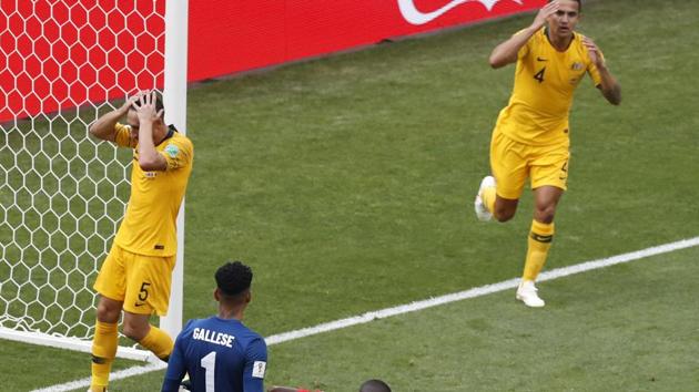 Australia's Mark Milligan, left, and Australia's Tim Cahill, right, react after missing a chance to score. (AP) Australia's Mark Milligan, left, and Australia's Tim Cahill, right, react after missing a chance to score. (AP)