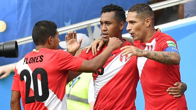 Peru's Paolo Guerrero, right, celebrates after scoring his side's second goal against Australia in a FIFA World Cup 2018 match. (AP)